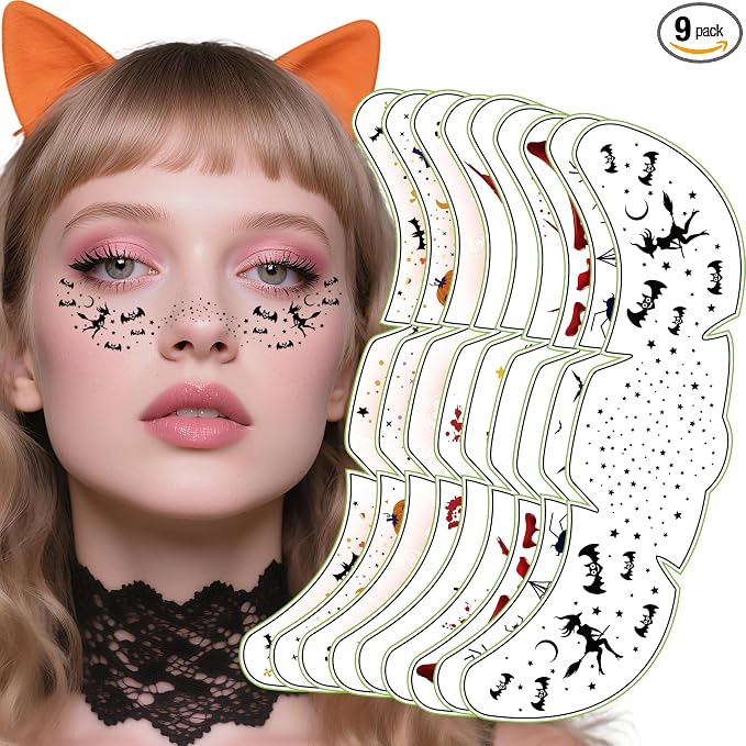 Halloween Temporary Face Tattoos – 9 Pack Black Bat Designs