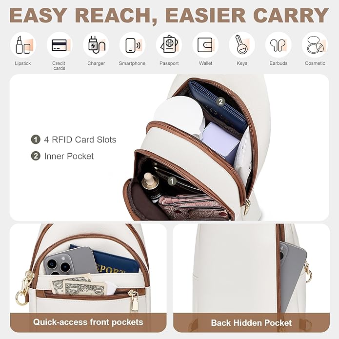 Anti-Theft RFID Crossbody Sling Bag for Women | Travel Shoulder Chest Bag | Faux Leather | Beige Brown