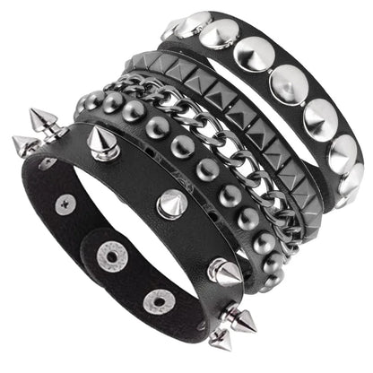3PCS Black Gothic Spike Rivet PU Leather Bracelets for Men & Women