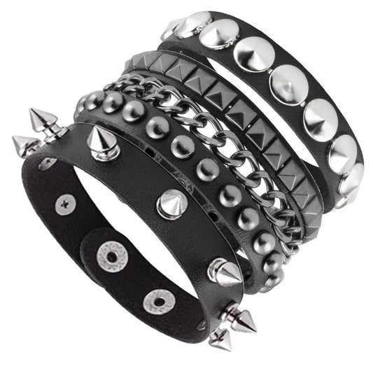3PCS Black Gothic Spike Rivet PU Leather Bracelets for Men & Women