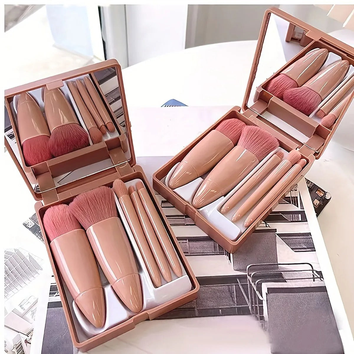 5-Piece Portable Makeup Brush Set with Mirror – Foldable Travel Kit