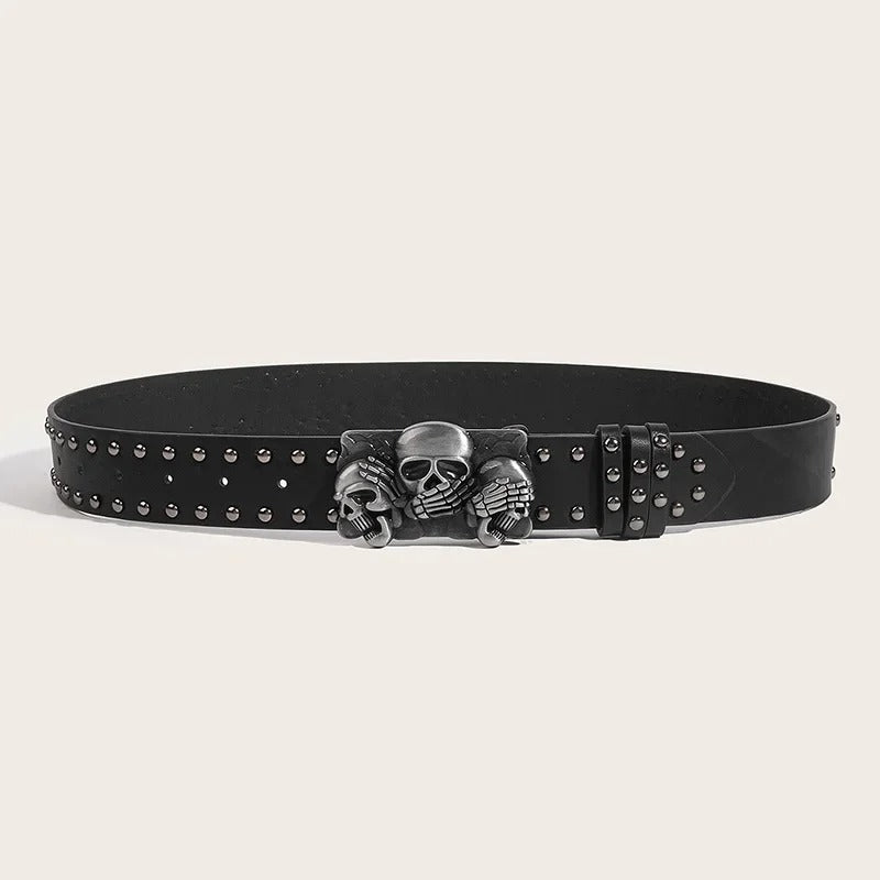 Gothic Skull Punk Belt for Men & Women – Black Rivet Leather Waist Belt