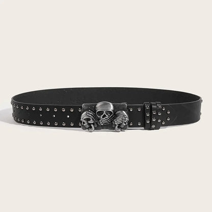 Gothic Skull Punk Belt for Men & Women – Black Rivet Leather Waist Belt