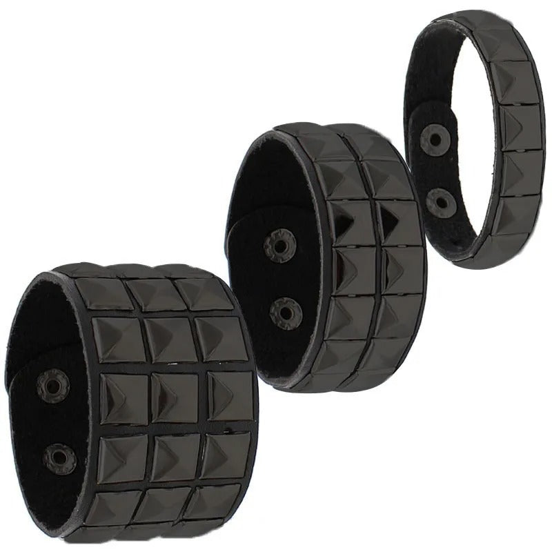 3PCS Black Gothic Spike Rivet PU Leather Bracelets for Men & Women