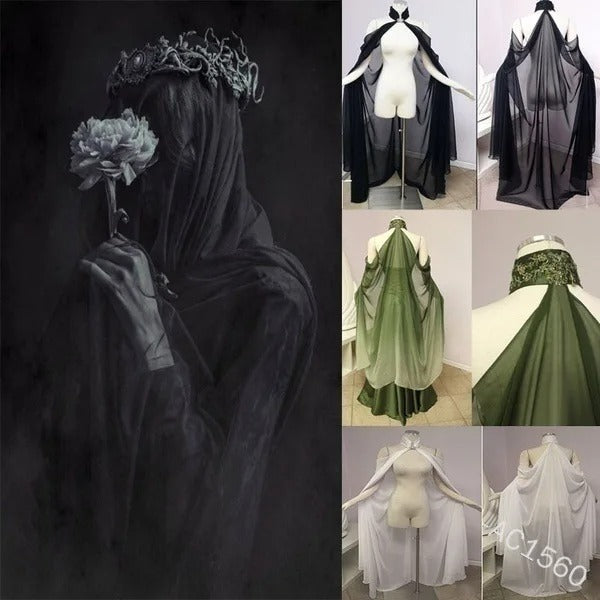 Women’s Gothic Chiffon Cape Shawl – Medieval Wicca Halloween Cosplay Cloak
