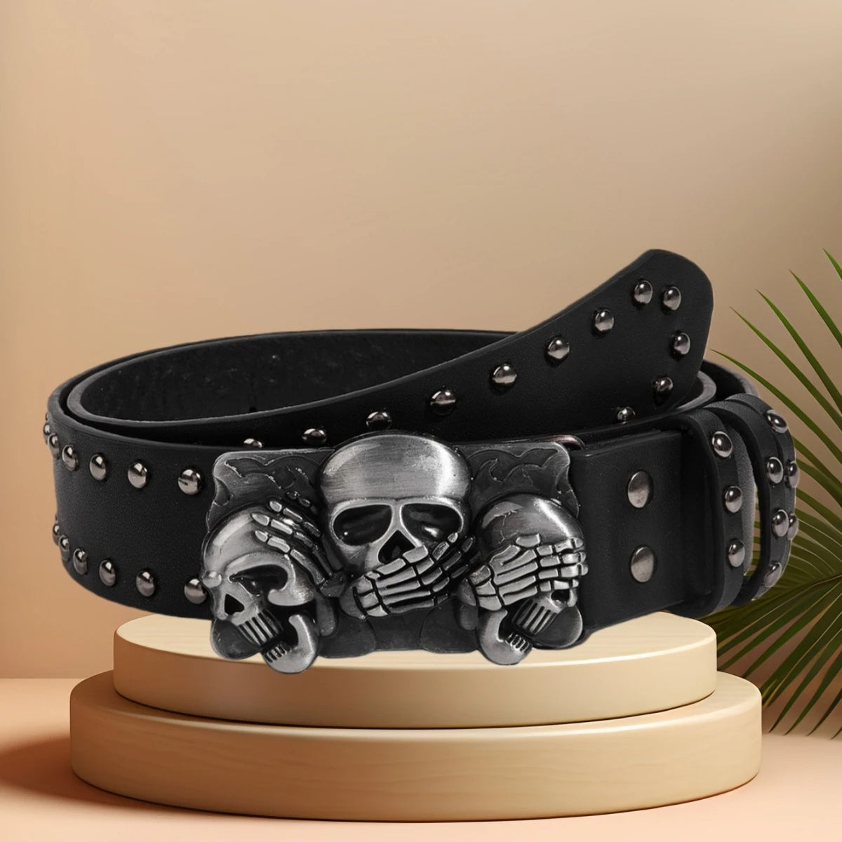 Gothic Skull Punk Belt for Men & Women – Black Rivet Leather Waist Belt