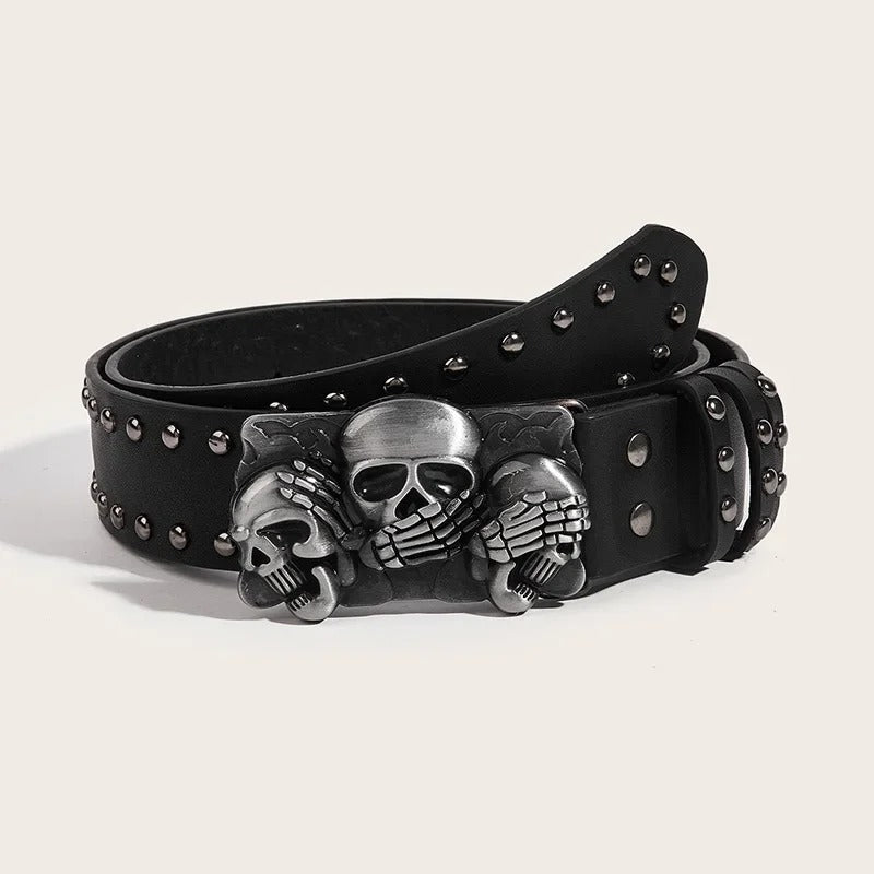 Gothic Skull Punk Belt for Men & Women – Black Rivet Leather Waist Belt
