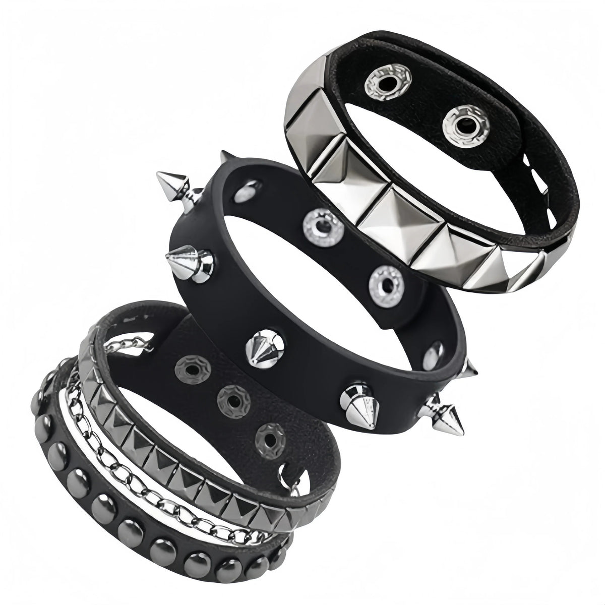 3PCS Black Gothic Spike Rivet PU Leather Bracelets for Men & Women