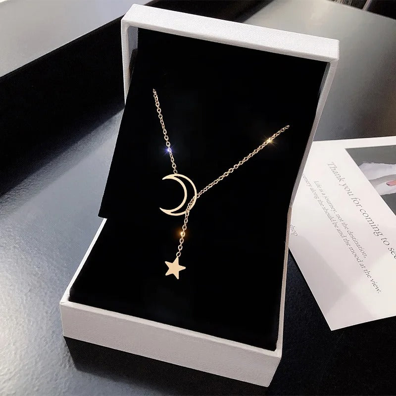 Moon & Star Pendant Gold Chain Necklace for Women