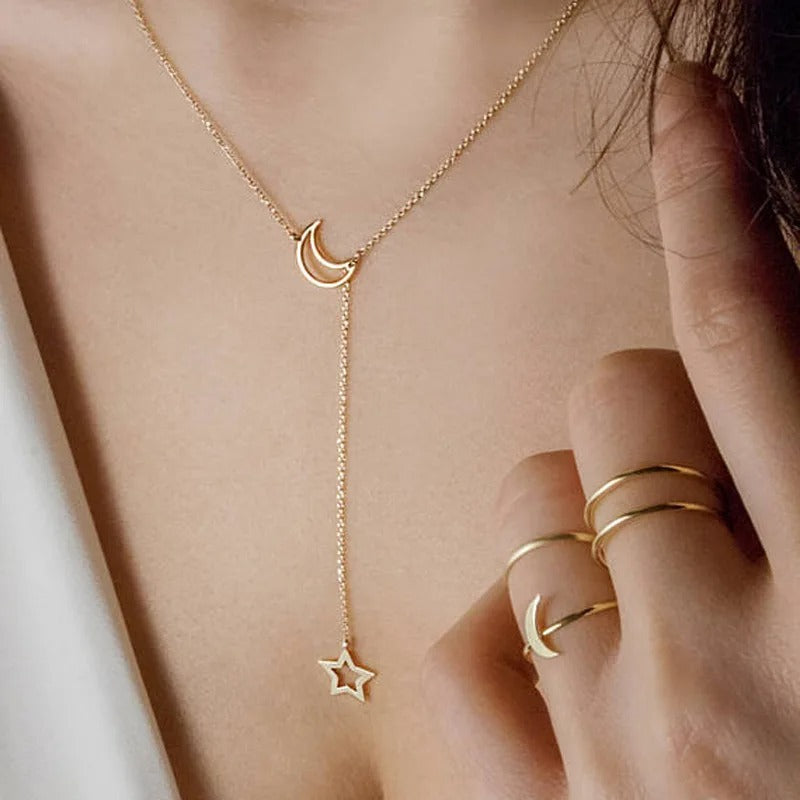 Moon & Star Pendant Gold Chain Necklace for Women