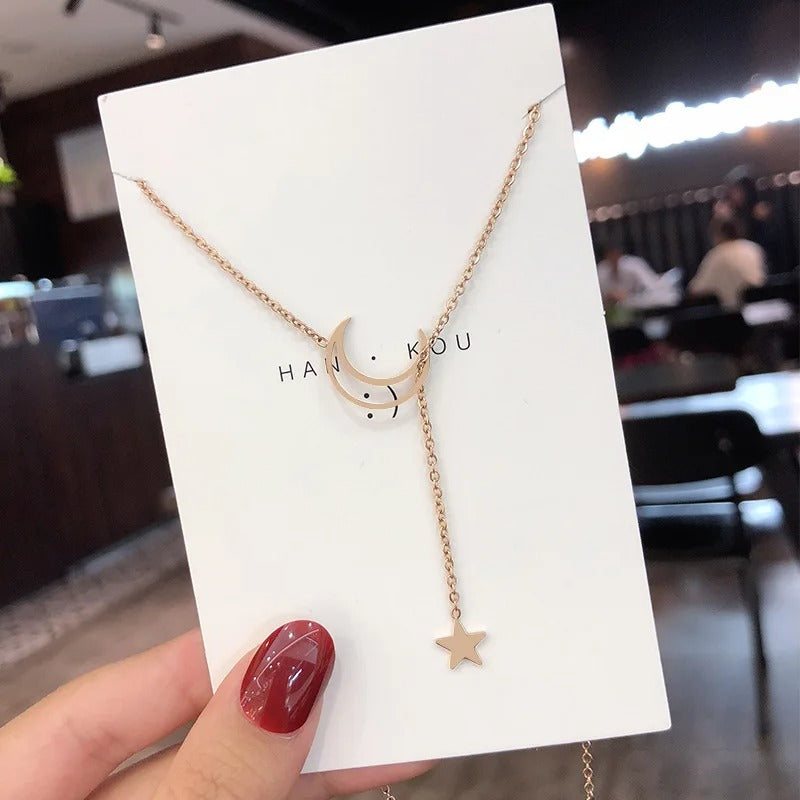 Moon & Star Pendant Gold Chain Necklace for Women