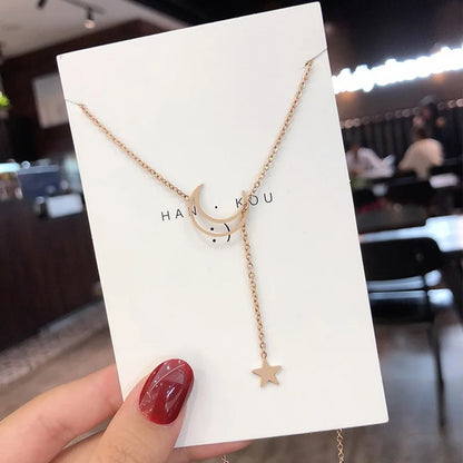Moon & Star Pendant Gold Chain Necklace for Women