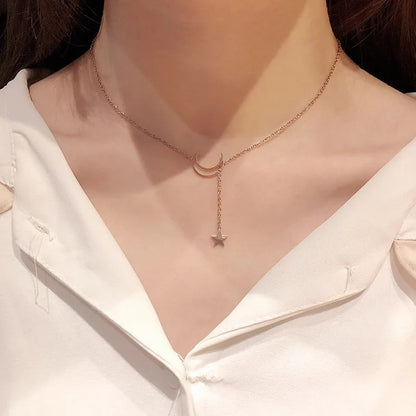Moon & Star Pendant Gold Chain Necklace for Women