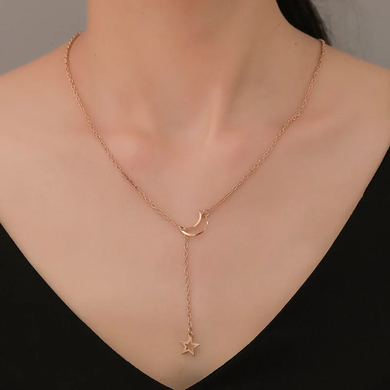 Moon & Star Pendant Gold Chain Necklace for Women