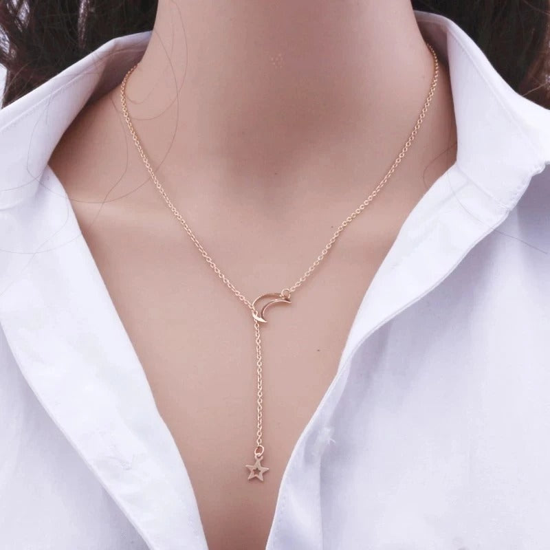 Moon & Star Pendant Gold Chain Necklace for Women
