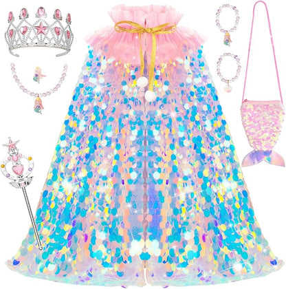 Kids Mermaid Princess Sequin Cape Costume Set – Dress-Up Accessories for Girls