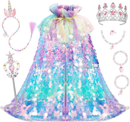 Kids Mermaid Princess Sequin Cape Costume Set – Dress-Up Accessories for Girls