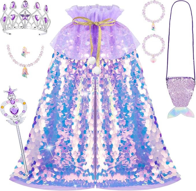 Kids Mermaid Princess Sequin Cape Costume Set – Dress-Up Accessories for Girls
