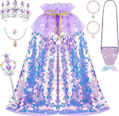 Kids Mermaid Princess Sequin Cape Costume Set – Dress-Up Accessories for Girls