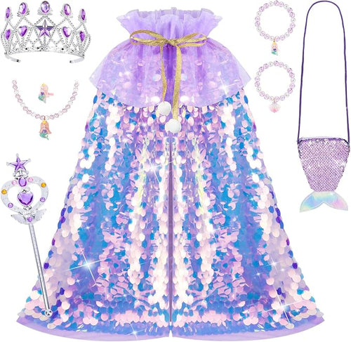 Kids Mermaid Princess Sequin Cape Costume Set – Dress-Up Accessories for Girls