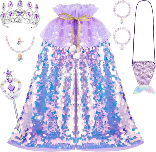 Kids Mermaid Princess Sequin Cape Costume Set – Dress-Up Accessories for Girls