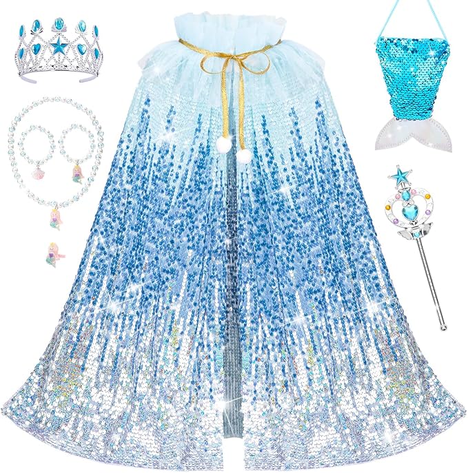 Kids Mermaid Princess Sequin Cape Costume Set – Dress-Up Accessories for Girls