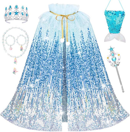 Kids Mermaid Princess Sequin Cape Costume Set – Dress-Up Accessories for Girls