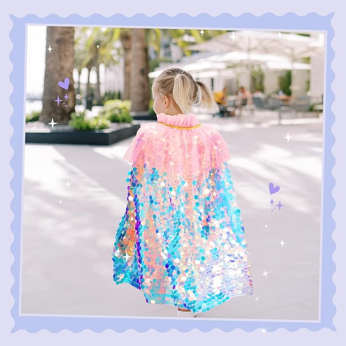 Kids Mermaid Princess Sequin Cape Costume Set – Dress-Up Accessories for Girls