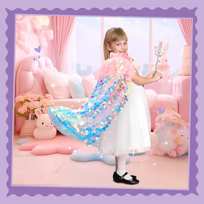 Kids Mermaid Princess Sequin Cape Costume Set – Dress-Up Accessories for Girls