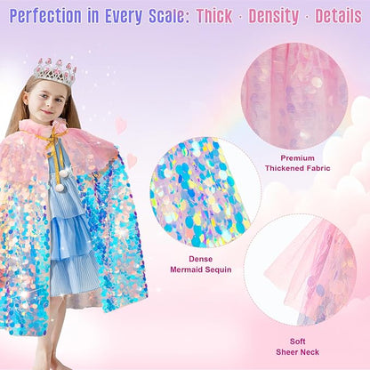 Kids Mermaid Princess Sequin Cape Costume Set – Dress-Up Accessories for Girls