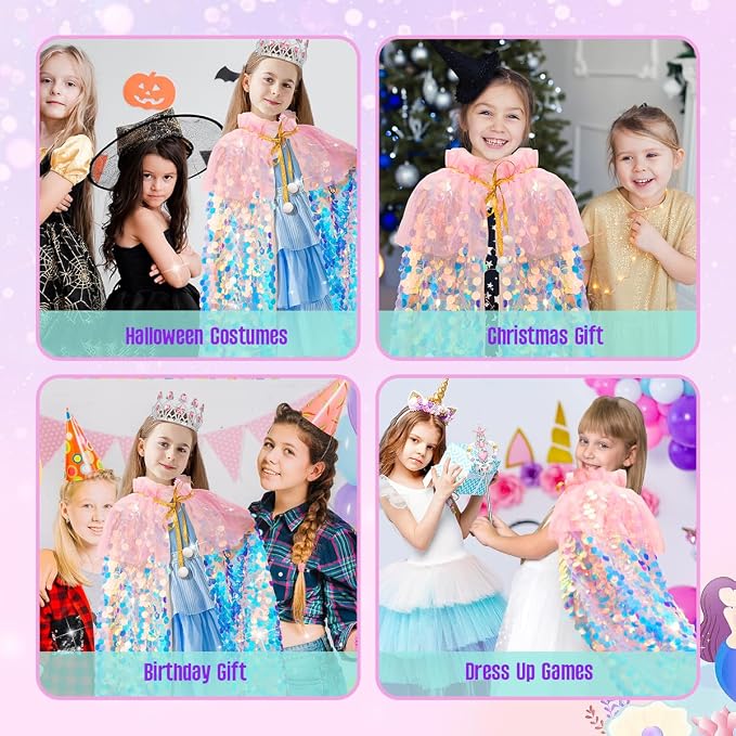 Kids Mermaid Princess Sequin Cape Costume Set – Dress-Up Accessories for Girls