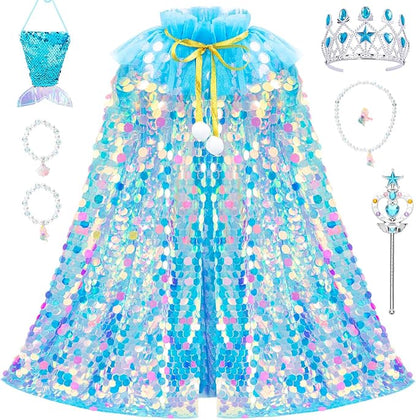Kids Mermaid Princess Sequin Cape Costume Set – Dress-Up Accessories for Girls