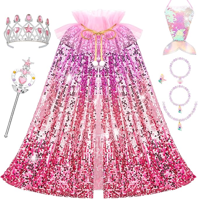 Kids Mermaid Princess Sequin Cape Costume Set – Dress-Up Accessories for Girls