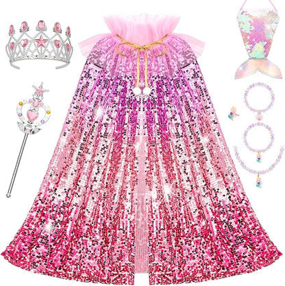 Kids Mermaid Princess Sequin Cape Costume Set – Dress-Up Accessories for Girls