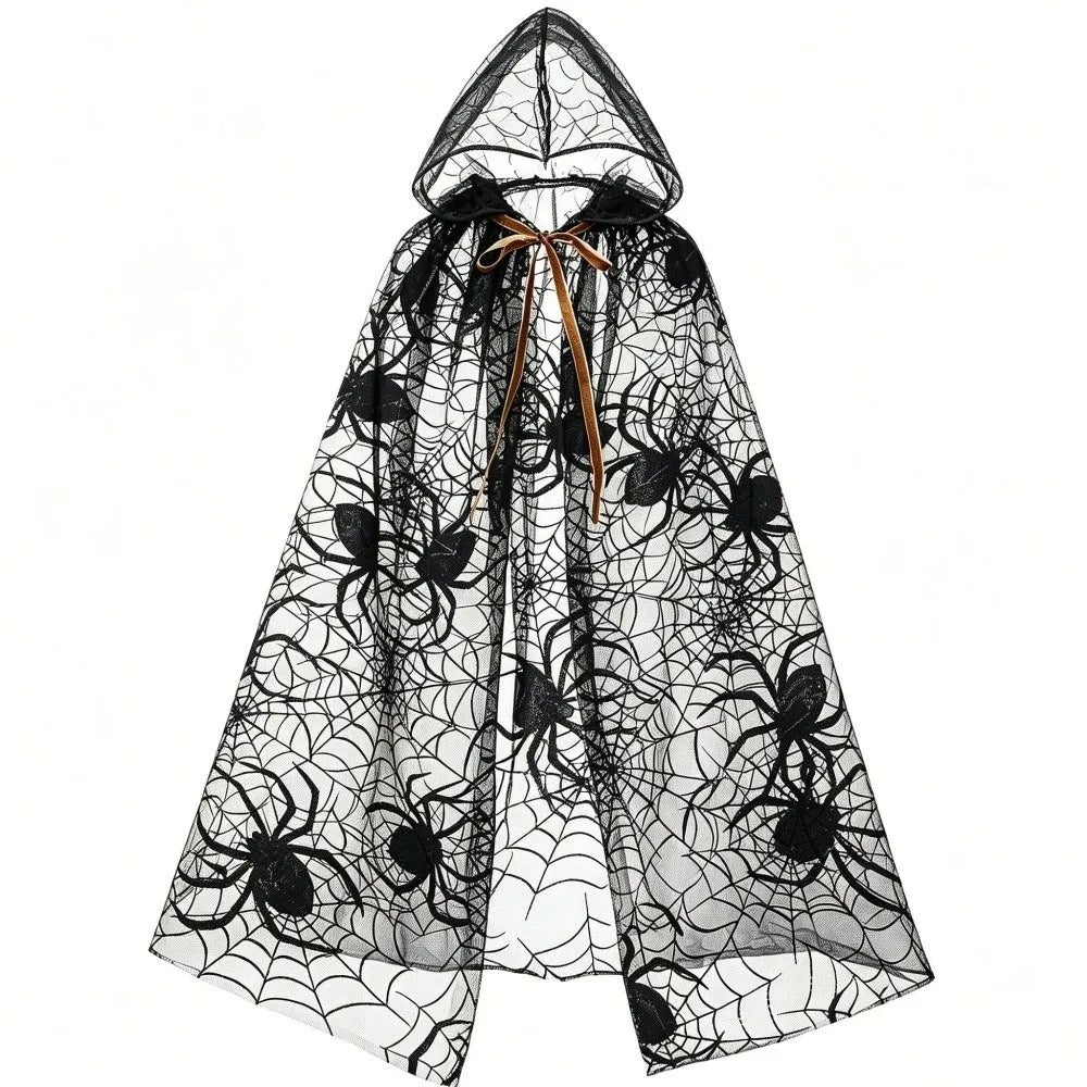 Gothic Spider Web Hooded Cape – Black Halloween Costume Cloak for Women