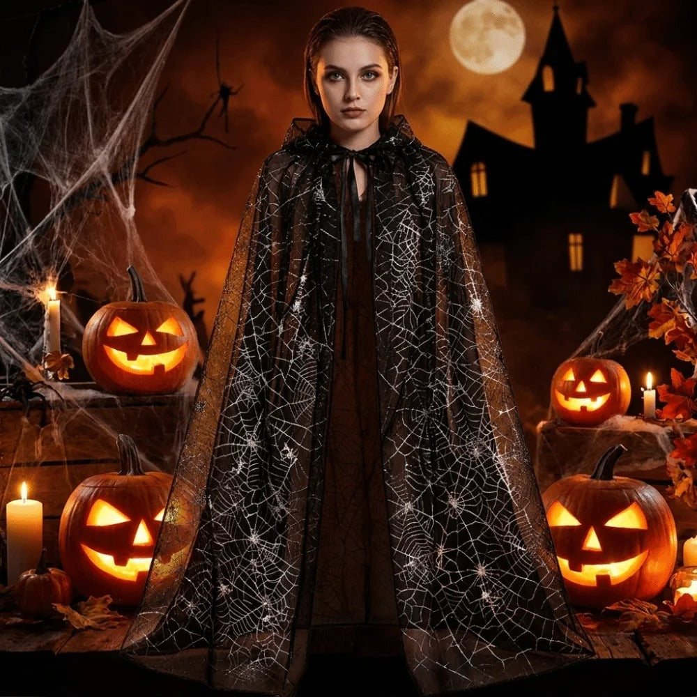 Gothic Spider Web Hooded Cape – Black Halloween Costume Cloak for Women