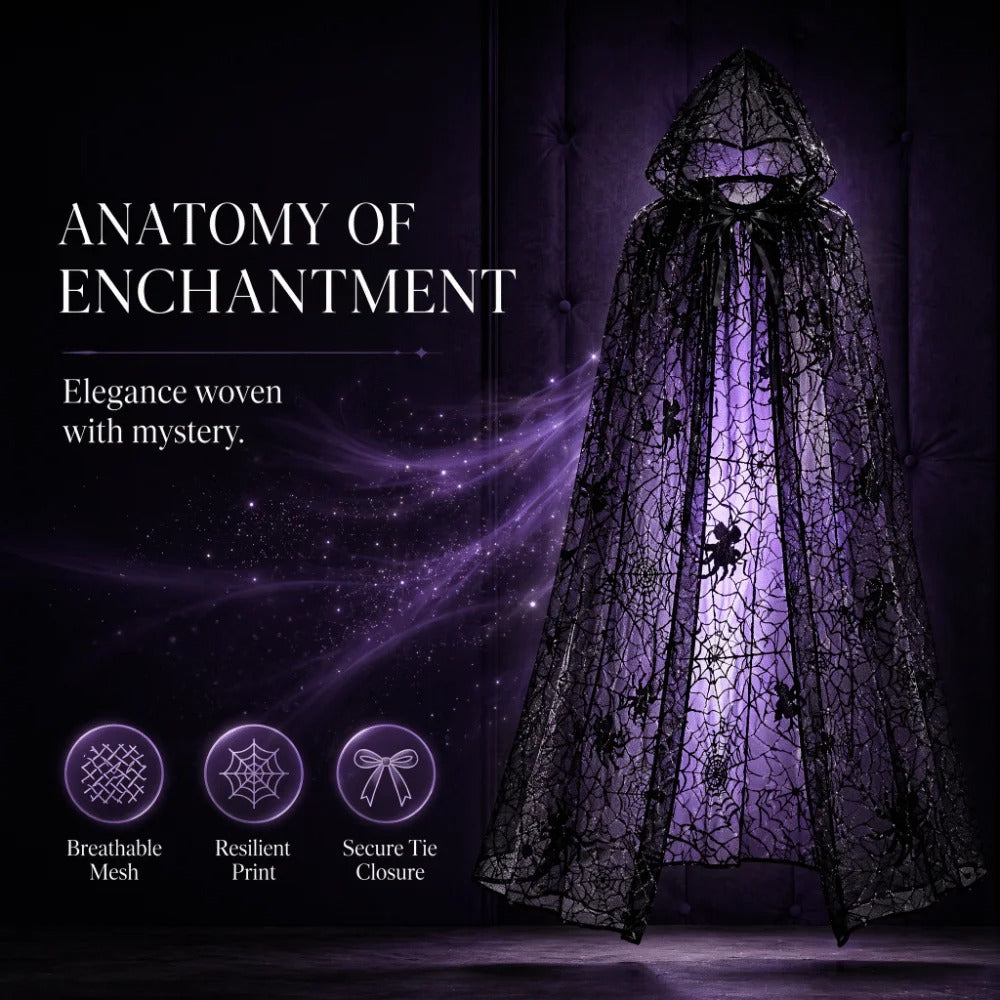 Gothic Spider Web Hooded Cape – Black Halloween Costume Cloak for Women