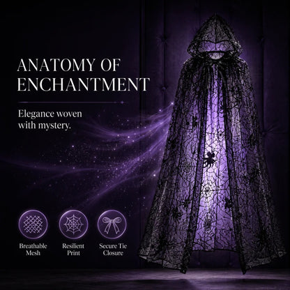 Gothic Spider Web Hooded Cape – Black Halloween Costume Cloak for Women
