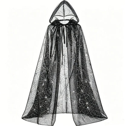 Gothic Spider Web Hooded Cape – Black Halloween Costume Cloak for Women