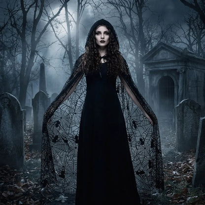 Gothic Spider Web Hooded Cape – Black Halloween Costume Cloak for Women