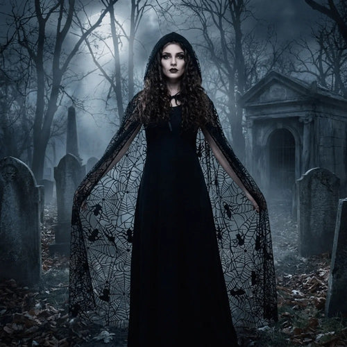 Gothic Spider Web Hooded Cape – Black Halloween Costume Cloak for Women