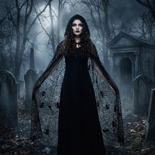 Gothic Spider Web Hooded Cape – Black Halloween Costume Cloak for Women