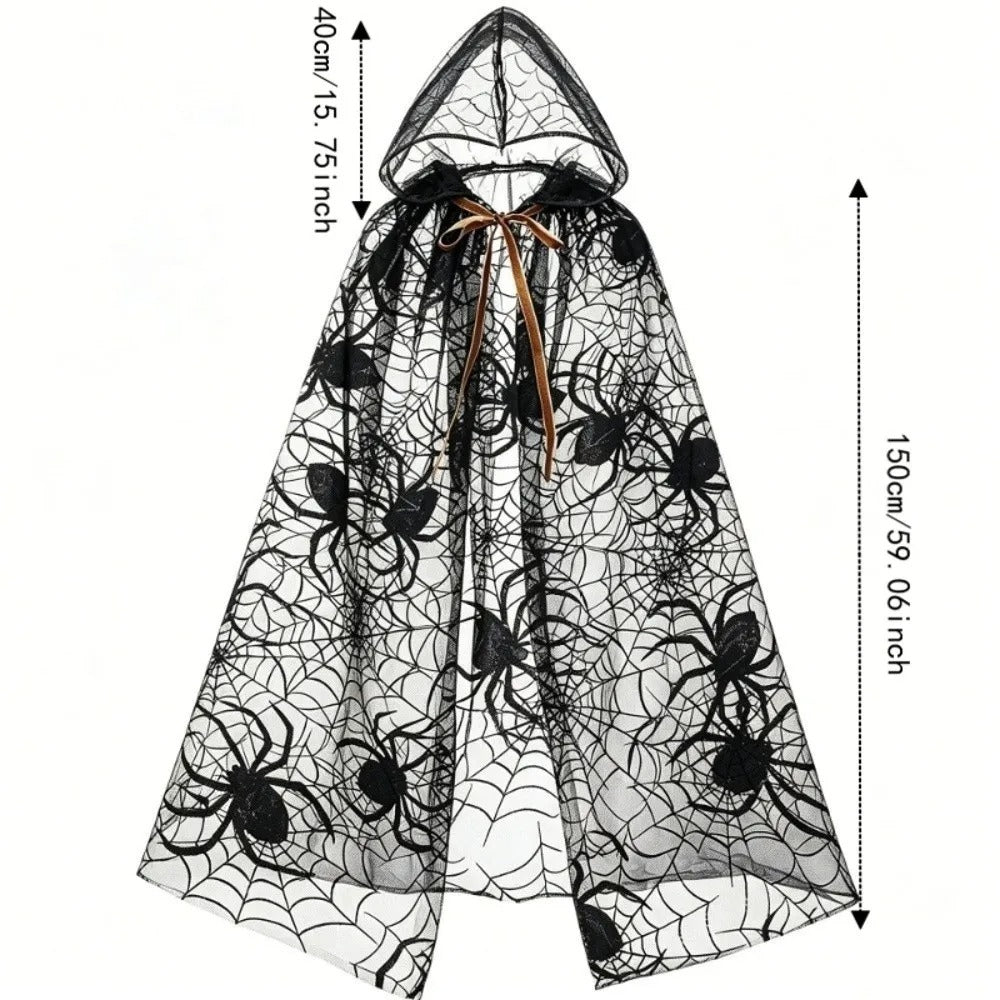 Gothic Spider Web Hooded Cape – Black Halloween Costume Cloak for Women
