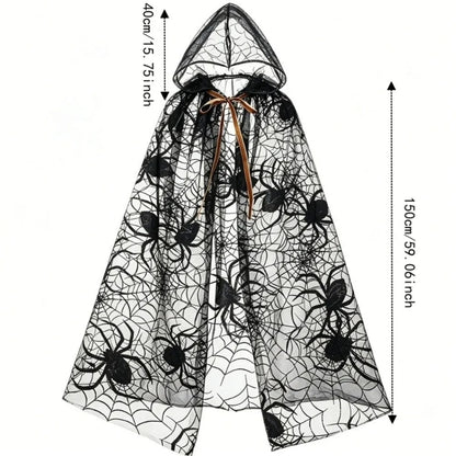 Gothic Spider Web Hooded Cape – Black Halloween Costume Cloak for Women
