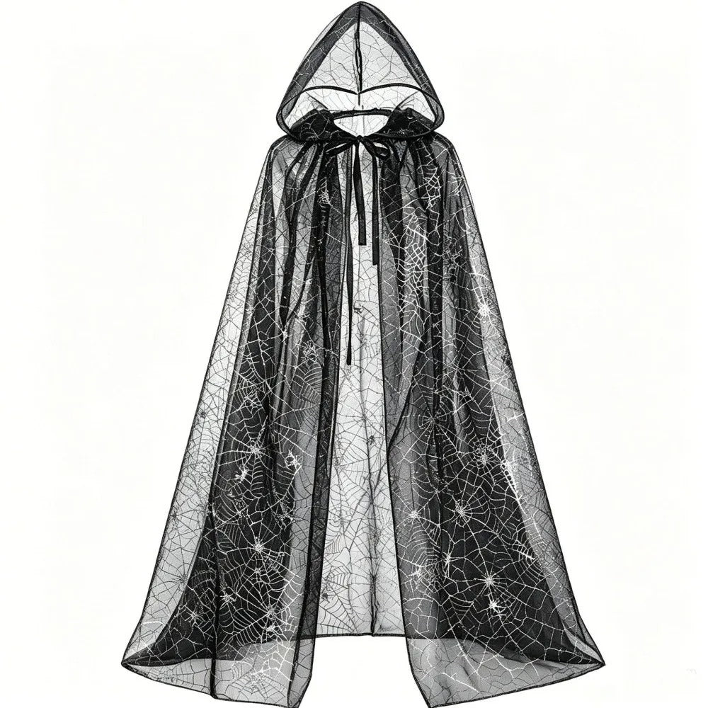 Gothic Spider Web Hooded Cape – Black Halloween Costume Cloak for Women