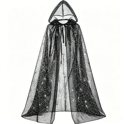 Gothic Spider Web Hooded Cape – Black Halloween Costume Cloak for Women