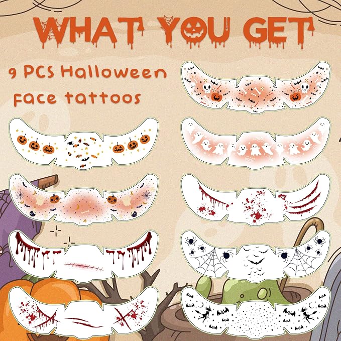 Halloween Temporary Face Tattoos – 9 Pack Black Bat Designs