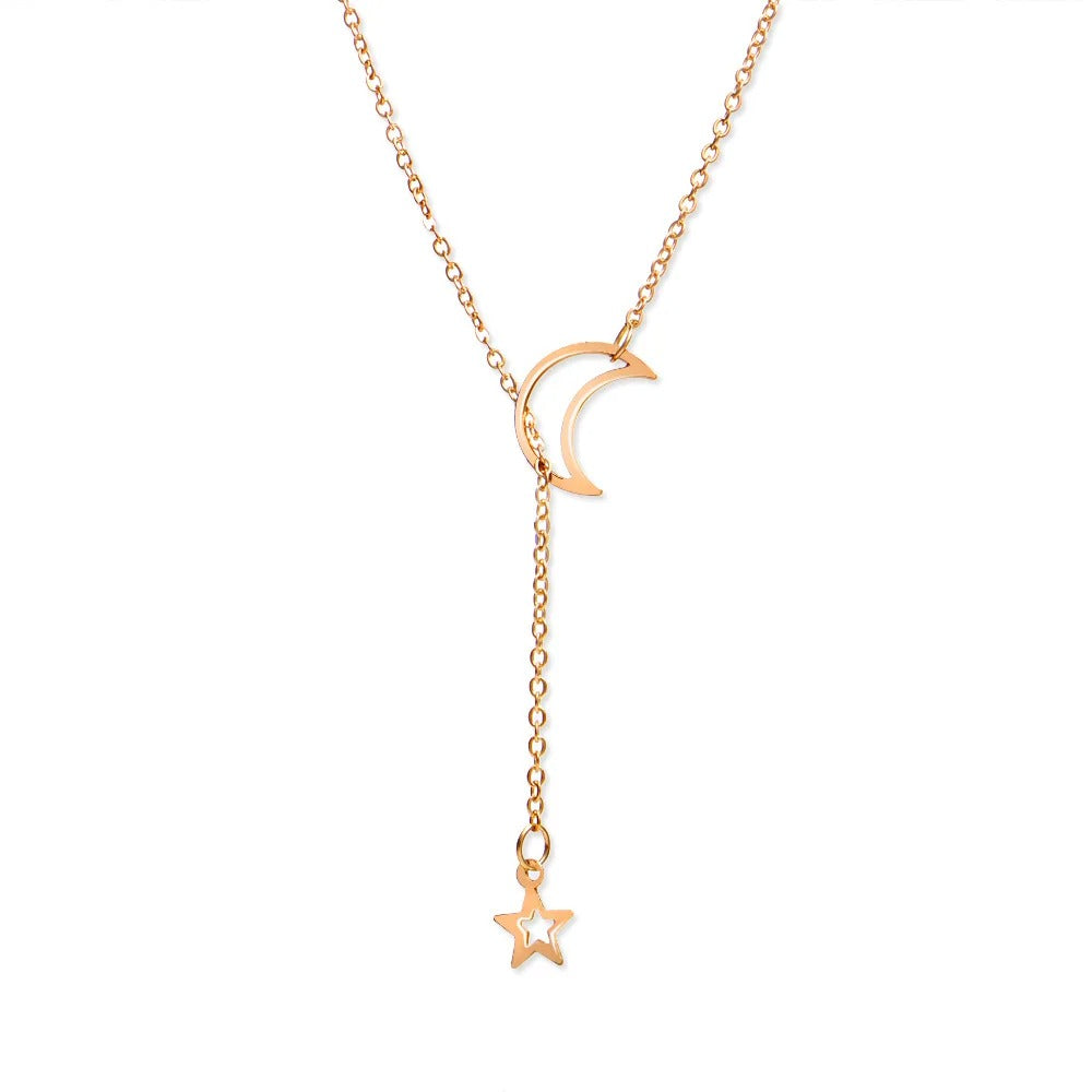Moon & Star Pendant Gold Chain Necklace for Women