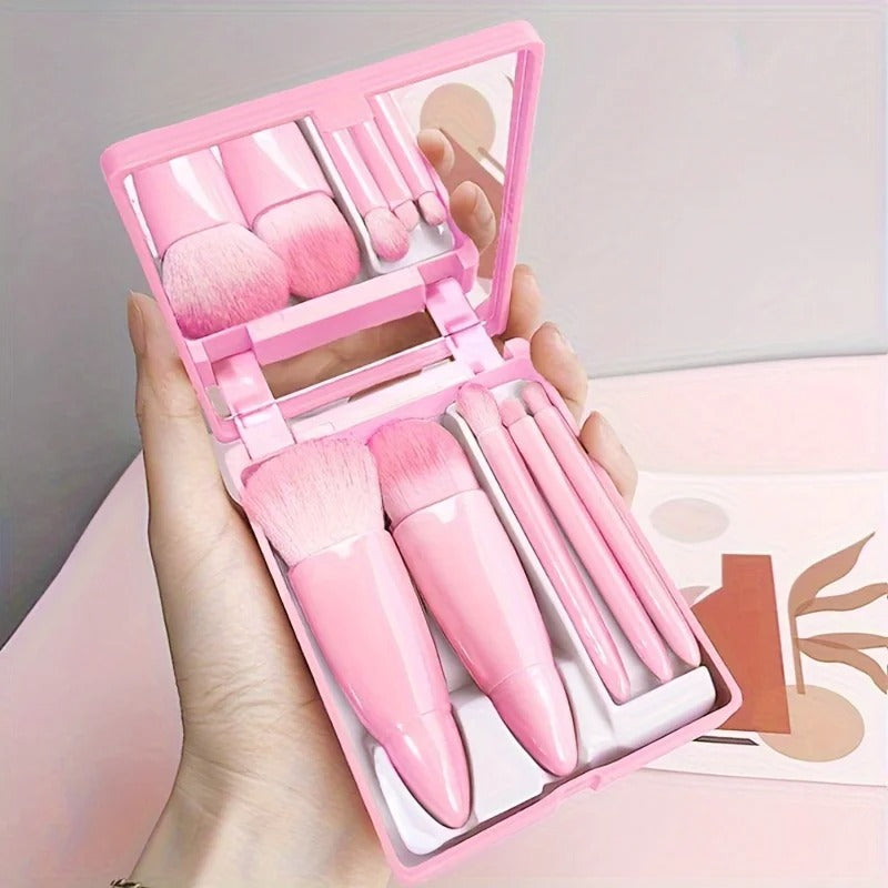 5-Piece Portable Makeup Brush Set with Mirror – Foldable Travel Kit