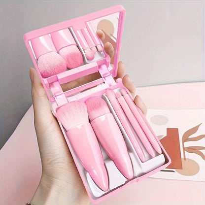 5-Piece Portable Makeup Brush Set with Mirror – Foldable Travel Kit